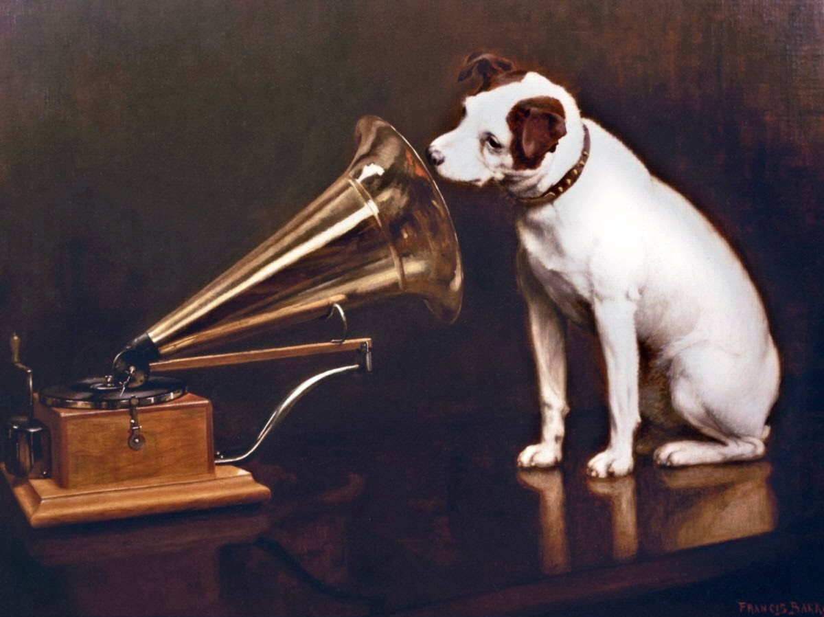 A painting of a dog looking into a phonograph.